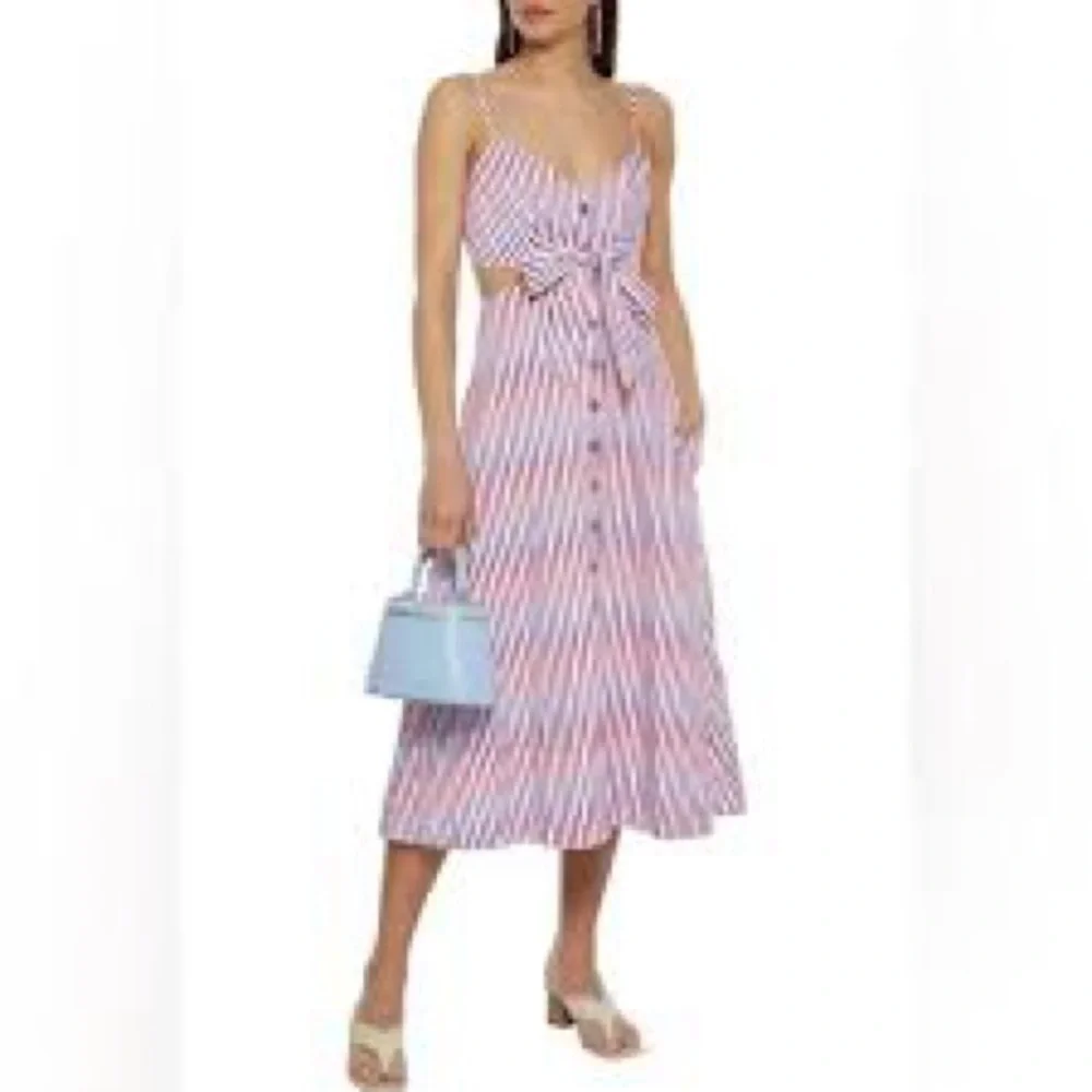 Saloni Striped Pink and White Midi Cut Out Cotton Dress Size 6 EUC - Picture 2 of 6